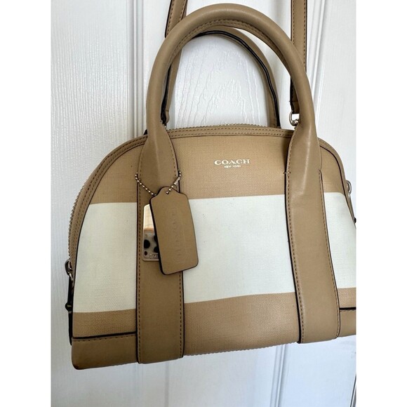 COPY - Coach Bleeker Bag Mini Preston Satchel Stripped Tan White Bag Crossbody - Picture 1 of 14